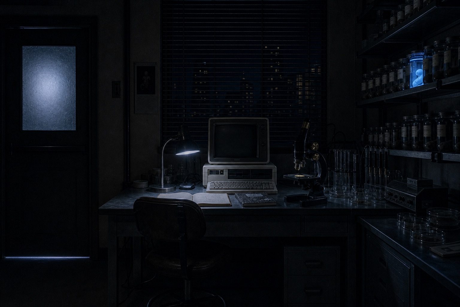 A lab at night: a desk with an old computer in front of a window with a night city, a microscope, notebooks, shelves of specimen jars with one glowing blue, and an exit door
